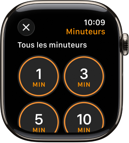 L’écran de l’app Minuteur, affichant le bouton Ajouter pour créer un minuteur, ainsi que des minuteurs prédéfinis de 1, 3, 5 ou 10 minutes.