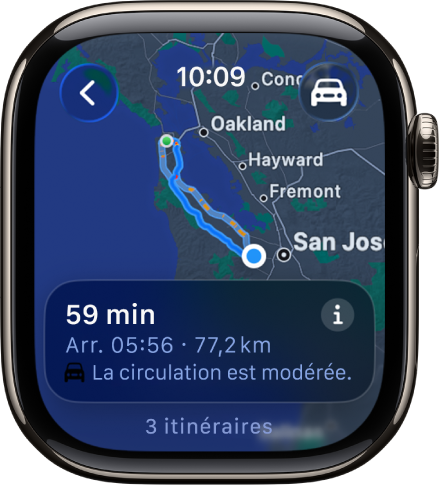 L’app Plans affichant une vue d’ensemble d’un itinéraire en voiture. La première instruction de l’itinéraire est affichée en bas de l'écran.