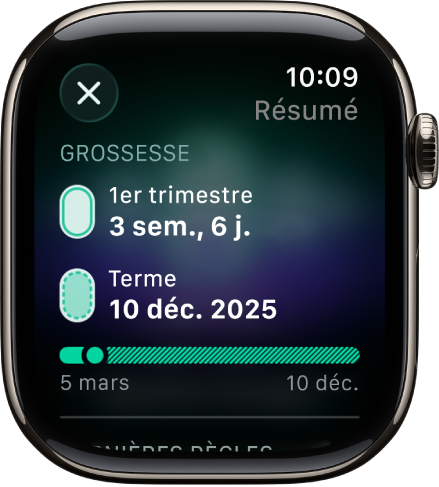Écran dans l’app Suivi de cycle montrant le résumé d’une grossesse, avec un âge gestationnel et une date d’accouchement au centre de l’écran.