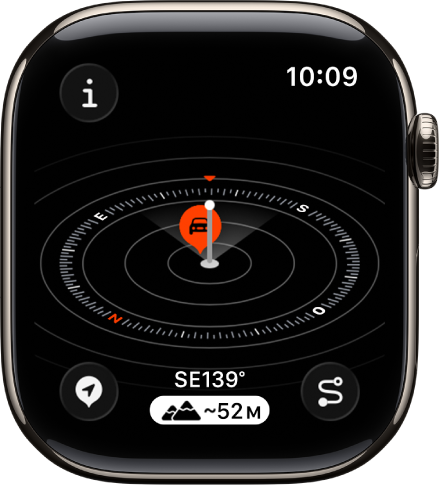 L’app Boussole affichant la présentation de l’altitude. Un point de repère apparaît sur un cadran incliné. Un poteau blanc indique l’altitude actuelle, qui est plus élevée que celle des autres points de repère sur le cadran. Le bouton Informations, se trouve en haut à gauche, le bouton « Points de repère » en bas à gauche, le bouton Altitude en bas au milieu et le bouton « Point de départ » en bas à droite.