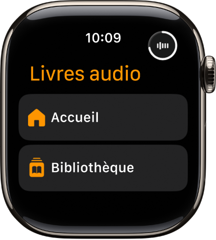 L’app Livres audio présentant les boutons Accueil et Bibliothèque.
