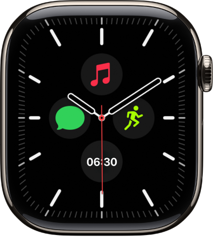 Cadran Méridien, sur lequel vous pouvez ajuster la couleur et les détails du cadran. Il affiche quatre complications au sein d’un cadran de montre : Date en haut, Traduire à droite, Messages en bas et Exercice à gauche.