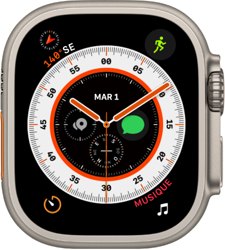 Le cadran Orientation affichant une horloge analogique, avec la complication Batterie en haut à gauche, Exercice en haut à droite, Minuteurs en bas à gauche et Musique en bas à droite. Quatre complications se trouvent au milieu du cadran : Date en haut, Terre à droite, Boussole en bas et Points de repère Boussole à gauche.