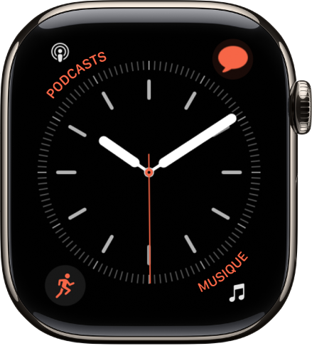 Cadran Simple, sur lequel vous pouvez ajuster la couleur de la trotteuse, la numérotation et les détails du cadran. Quatre complications sont affichées : Podcasts en haut à gauche, Messages en haut à droite, Exercice en bas à gauche et Musique en bas à droite.