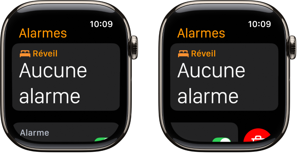 Deux écrans d’Apple Watch montrant comment supprimer une alarme.
