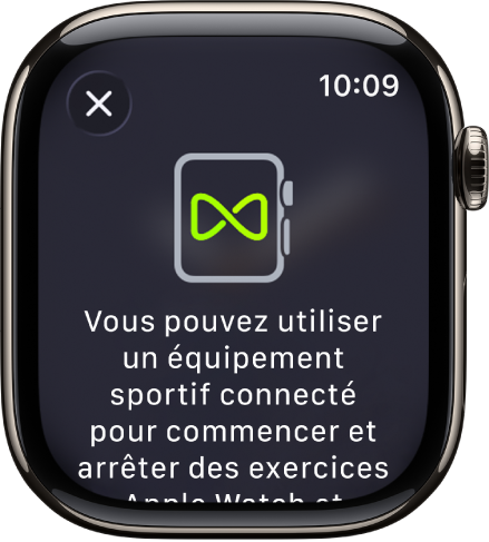 Un écran de jumelage qui s’affiche lorsque vous jumelez votre Apple Watch avec un équipement sportif.