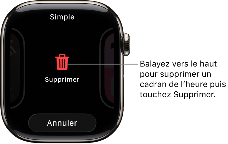 Écran de l’Apple Watch montrant les boutons Supprimer et Annuler, qui apparaissent lorsque vous atteignez un cadran, puis le balayez vers le haut pour le supprimer.