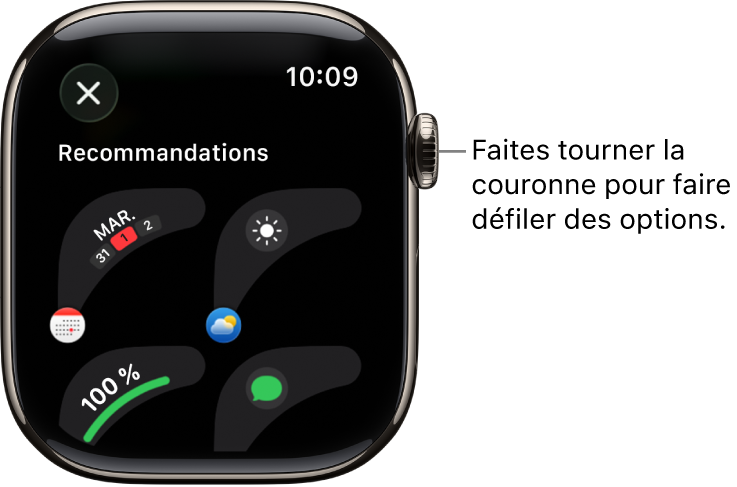 L’écran de personnalisation pour un cadran présentant diverses complications. Faites tourner la Digital Crown pour voir des complications.
