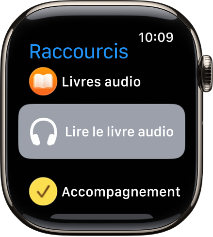 L’app Raccourcis affichant trois raccourcis : Minuteur de pause, Boussole et Enregistrer Point de départ.