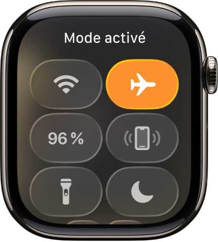 Le centre de contrôle avec le bouton du mode Avion en surbrillance pour indiquer que le mode est activé.