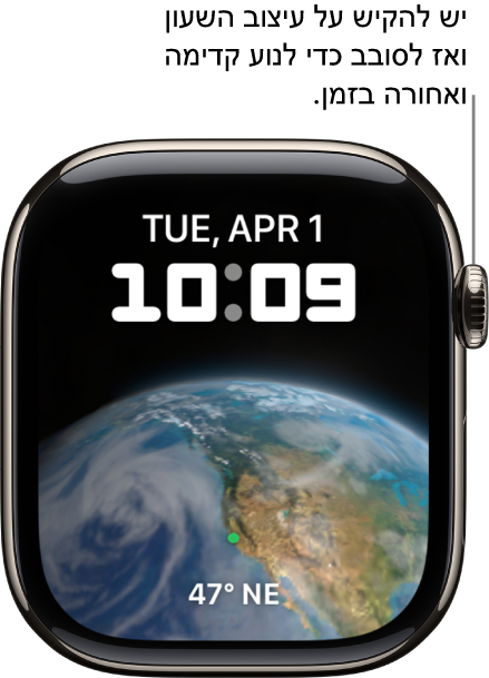 עיצוב השעון ״אסטרונומיה״ המציג את היום, התאריך והשעה הנוכחית. תצוגת ״ספירה לאחור״ נמצאת בתחתית. יש להקיש על עיצוב השעון ולסובב את ה‑Digital Crown כדי לנוע קדימה או אחורה בזמן.