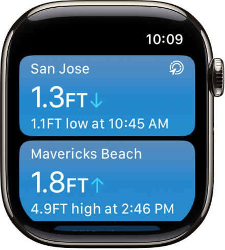 Na zaslonu aplikacije Morske mijene prikazuje se popis lokacija s informacijama o morskim mijenama.