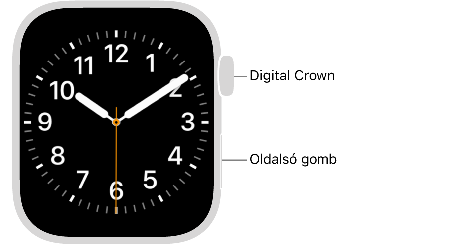 Az Apple Watch előlapja a Digital Crownnal a Watch jobb felső, és az oldalsó gombbal a Watch jobb alsó részén.
