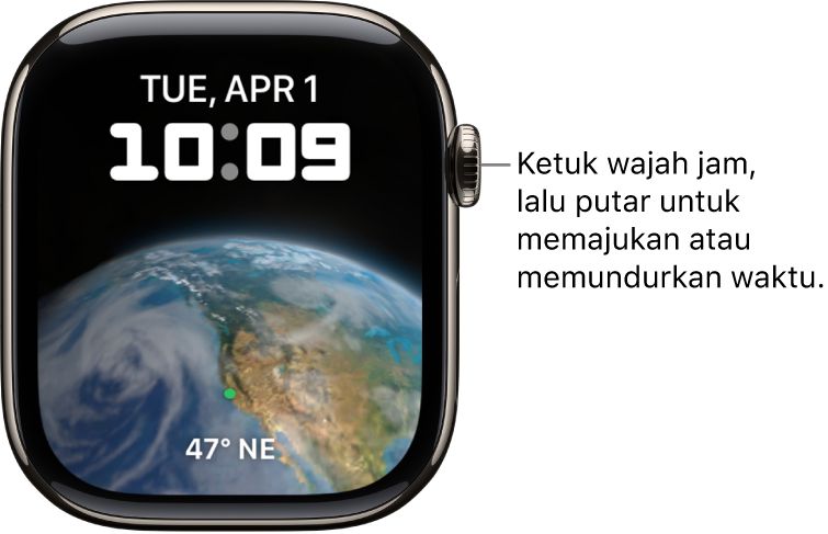 Wajah jam Astronomi, yang menampilkan hari, tanggal, dan waktu saat ini. Komplikasi timer terdapat di bagian bawah. Ketuk wajah jam, lalu putar Digital Crown untuk memajukan atau memundurkan waktu.