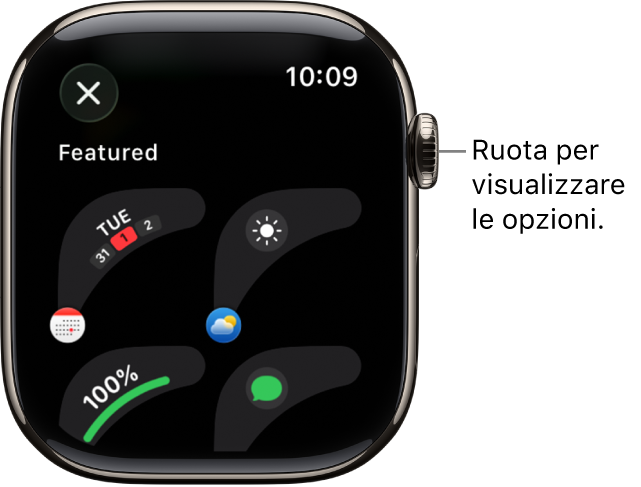 La schermata di personalizzazione con le complicazioni specifiche per quel tipo di quadrante. Ruota la Digital Crown per sfogliare le complicazioni.