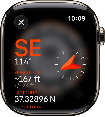 L’app Bussola con la schermata delle informazioni. La direzione viene visualizzata al centro a sinistra con la direzione (sud-est) e i gradi (114 gradi) della bussola. Sotto vengono mostrate l’inclinazione e l’altitudine correnti. A destra è presente l’icona della bussola. In basso a sinistra è presente il pulsante Chiudi.