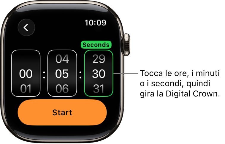 Impostazioni per la creazione di un timer personalizzato, con l’ora a sinistra, i minuti al centro e i secondi a destra. Il pulsante di avvio del timer è sotto.
