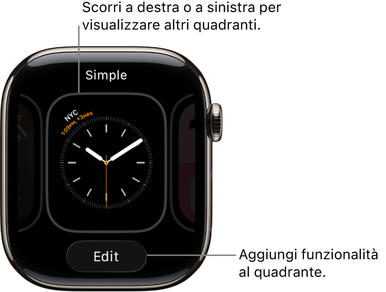 Un quadrante di Apple Watch. I pulsanti Condividi e Modifica vengono visualizzati dopo che viene tenuto premuto il quadrante. Il nome del quadrante è in alto. Scorri verso destra o verso sinistra per vedere le altre opzioni. Tocca una complicazione per aggiungere le funzionalità che desideri.