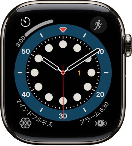 「カウントアップ」の文字盤。4つのコンプリケーションが表示されています: 左上にワークアウト、右上にメッセージ、左下にマインドフルネス、右下にミュージックがあります。