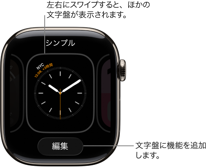 「共有」ボタンと「編集」ボタンが表示された文字盤。これらのボタンは、文字盤をタッチして押さえたままにしたときに表示されます。上部に文字盤の名前が表示されています。左または右にスワイプすると、ほかの文字盤のオプションを表示できます。コンプリケーションをタップすると、必要な機能を追加できます。