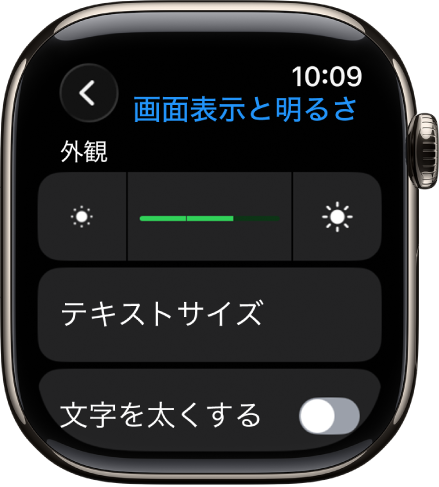 Apple Watchの「画面表示と明るさ」設定。上部に「明るさ」スライダ、下部に「テキストサイズ」ボタンがあります。