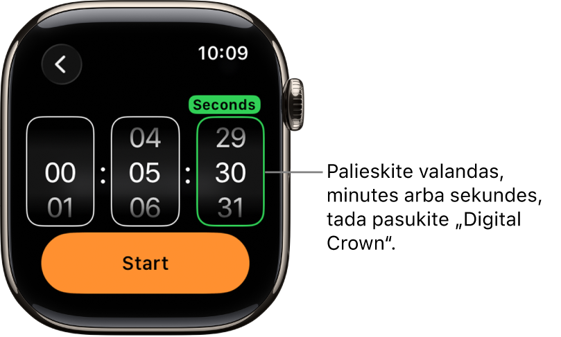 Pasirinktinio laikmačio kūrimo nustatymai: kairėje rodomos valandos, viduryje – minutės, o dešinėje – sekundės. Mygtukas „Start“ yra žemiau.