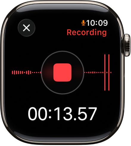 Programa „Voice Memos“ priminimo įrašymo metu. Viduryje rodomas raudonas sustabdymo mygtukas. Toliau pateikiama įrašo trukmė. Viršutiniame dešiniajame kampe rodomas žodis „Recording“.