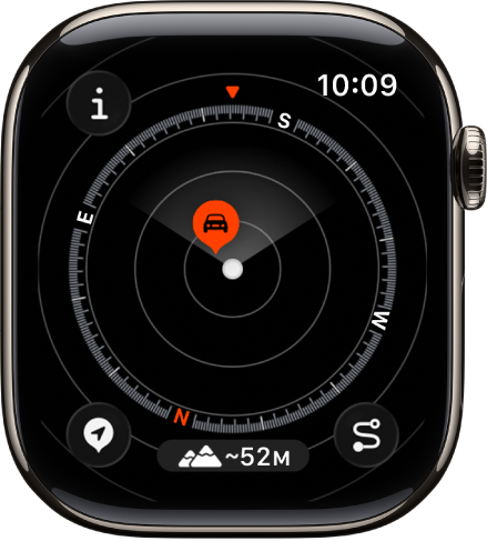 Programoje „Compass“ rodomas kelio taškas ratuke. Mygtukas „Info“ yra viršuje kairėje, mygtukas „Waypoints“ yra apačioje kairėje, mygtukas „Elevation“ yra viduryje apačioje, o mygtukas „Backtrack“ yra apačioje dešinėje.