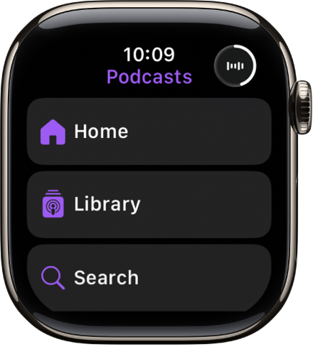 Lietotne Podcasts, kurā ir redzamas pogas Home, Library un Search.