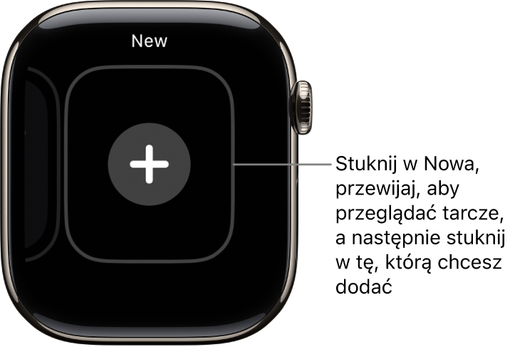 Ekran nowej tarczy zegarka z przyciskiem plus na środku. Stuknij, aby dodać nową tarczę zegarka.