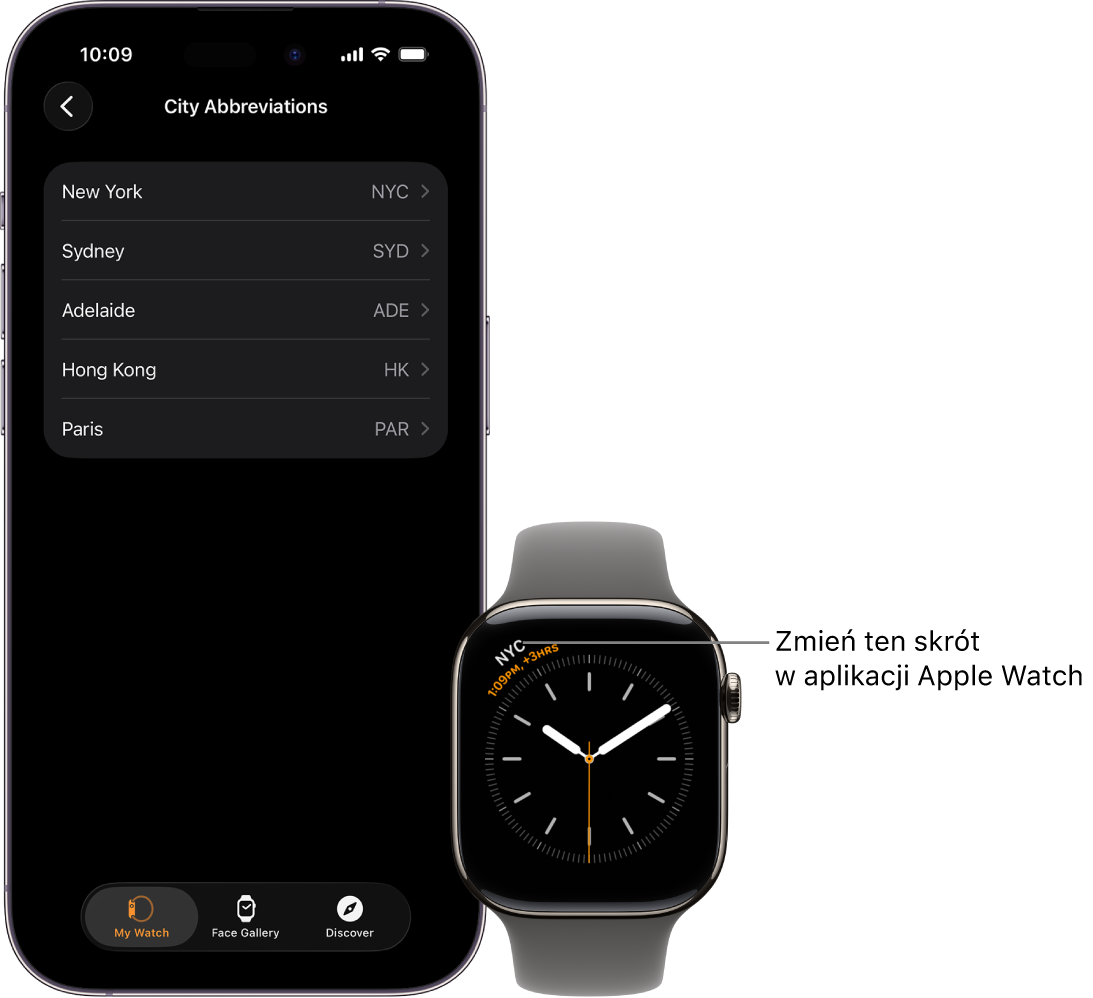 iPhone oraz Apple Watch. Apple Watch wyświetla godzinę w Nowym Jorku, oznaczonym skrótem NYC. Na ekranie iPhone’a widoczna jest lista miast znajdującą się w ustawieniach zegara w aplikacji Apple Watch.