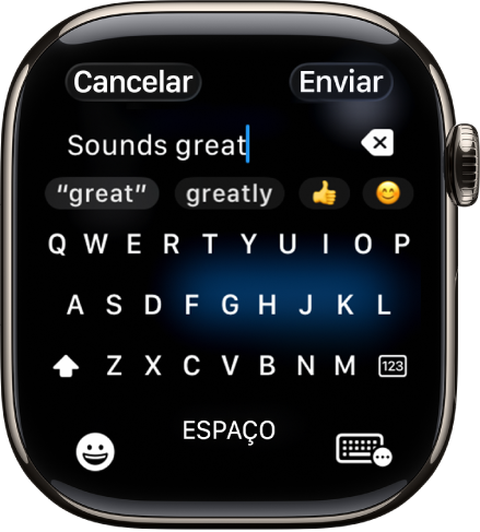 A tela do campo de texto mostrando uma mensagem criada com o teclado na tela. Os botões de Emoji e Teclado na tela estão na parte inferior da tela.