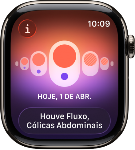 Tela no app Acompanhamento de Ciclo mostrando uma menstruação registrada com sintomas registrados na parte inferior da tela.