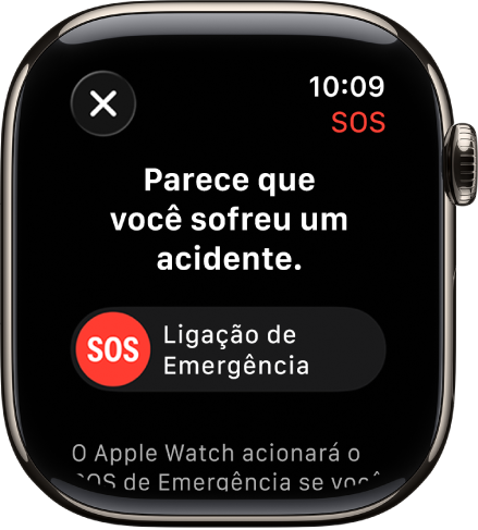 A tela Detecção de Acidente mostrando o botão deslizante de SOS para iniciar uma ligação de emergência.