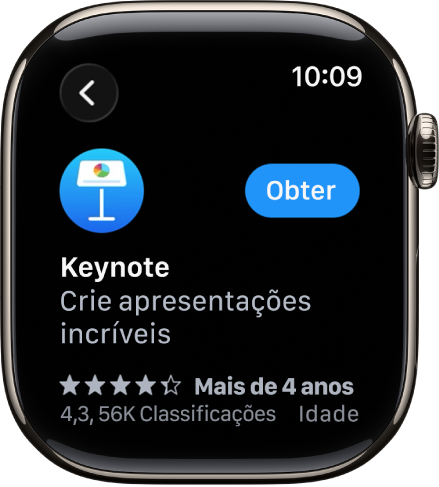 Tela da App Store mostrando a página de produto de um app com uma descrição curta do app, suas classificações e o botão Obter, à direita.