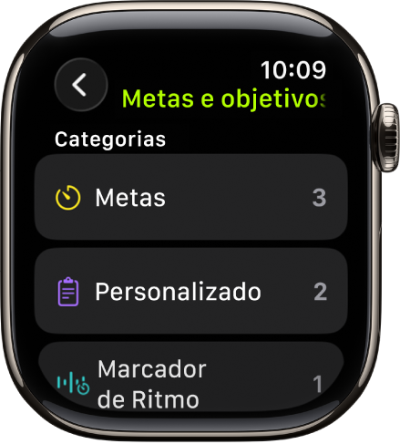 O app Exercício mostrando as metas criadas, Exercícios Personalizados e um exercício com Marcador de Ritmo.