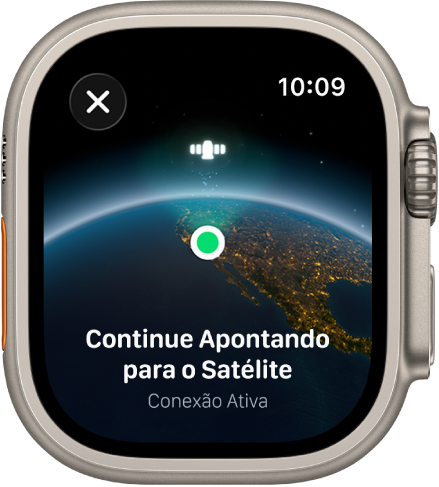 Uma tela mostrando um ícone de satélite sobre uma visualização curvada da Terra, um indicador de conexão verde e o texto “Continue Apontando para o Satélite”.