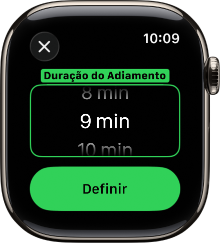 Tela do relógio exibindo opções para ajustar a Duração do adiamento no app Alarmes.