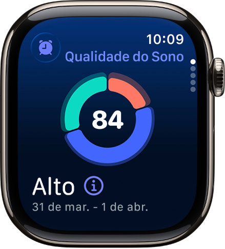 A tela de Qualidade do Sono mostrando uma pontuação no centro da tela. Uma classificação e o tempo dormindo aparecem no canto inferior esquerdo da tela.