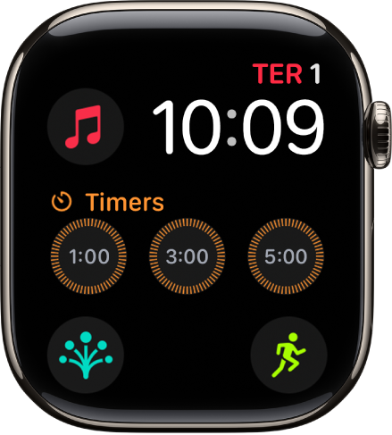 Mostrador Modular exibindo data e hora na parte superior direita e seis complicações: Terra na parte superior esquerda, Timers no centro e Exercício, Bússola e Estado Emocional ao longo da parte inferior.