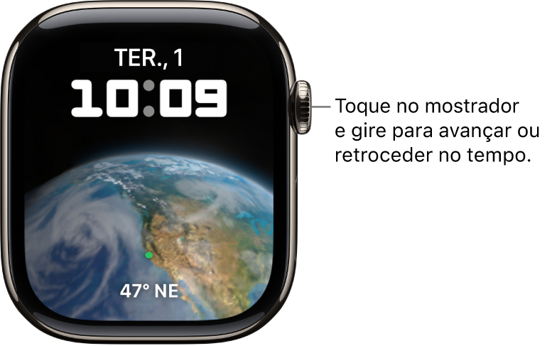 Mostrador Astronomia, que exibe o dia, a data e a hora atuais. Uma complicação de timer na parte inferior. Toque no mostrador e gire a Digital Crown para avançar ou voltar no tempo.
