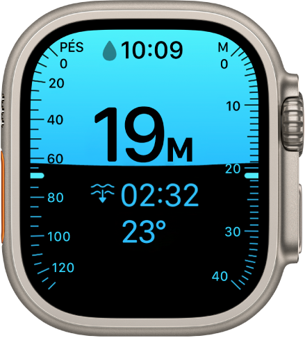 Tela do app Profundidade no Apple Watch Ultra, mostrando a profundidade atual, o tempo decorrido e a temperatura da água.