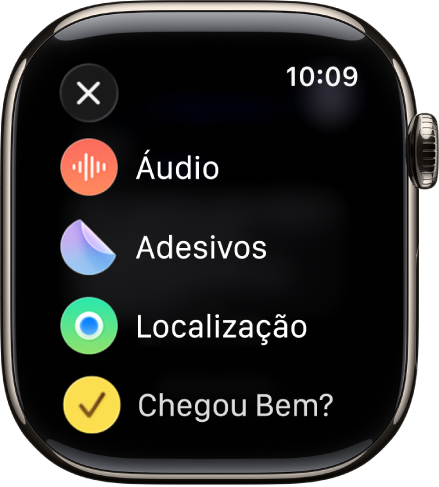 Tela do app Mensagens mostrando opções de anexos, como áudio, adesivos, localização e imagens.