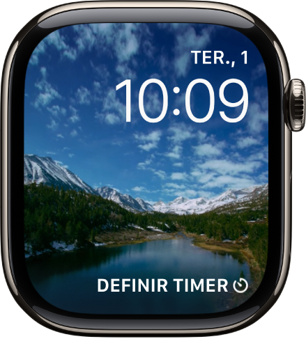 O mostrador Timelapse, exibindo um vídeo em time-lapse de um local pitoresco. Na parte inferior, a complicação Direção da Bússola.
