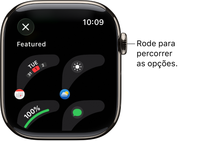 O ecrã de personalização de um mostrador com as complicações em destaque. Rode a Digital Crown para explorar complicações.