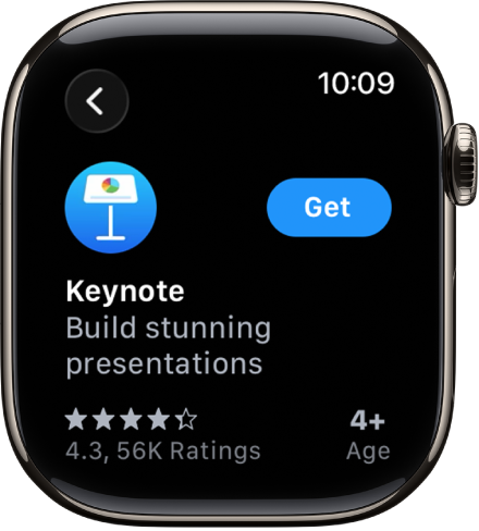 Um ecrã da aplicação App Store a mostrar a página do produto de uma aplicação com uma breve descrição da aplicação, a sua classfiicação e o botão “Obter” à direita.