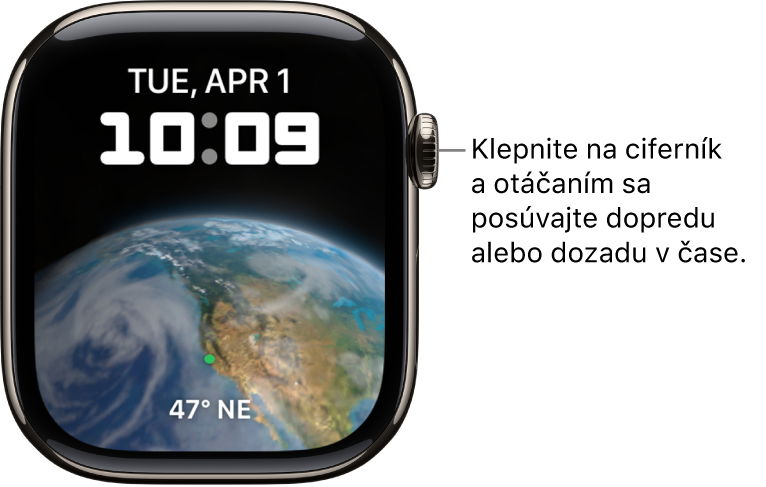 Astronomický ciferník so zobrazeným dňom, dátumom a aktuálnym časom. Dole sa nachádza komplikácia časovača. Keď na ciferník klepnete, otáčaním korunky Digital Crown môžete zobrazenie posúvať do budúcnosti a do minulosti.