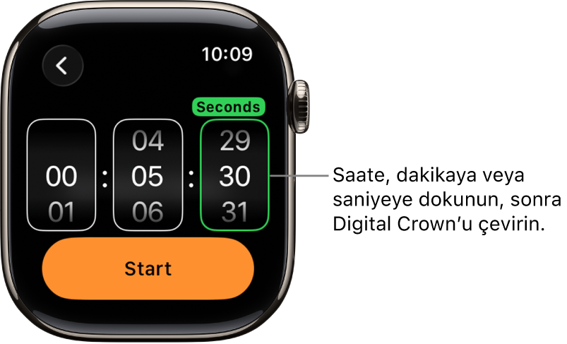 Solda saat, ortada dakika ve sağda saniye ile özel bir sayaç yaratma ayarları. Başlat düğmesi alt tarafta.