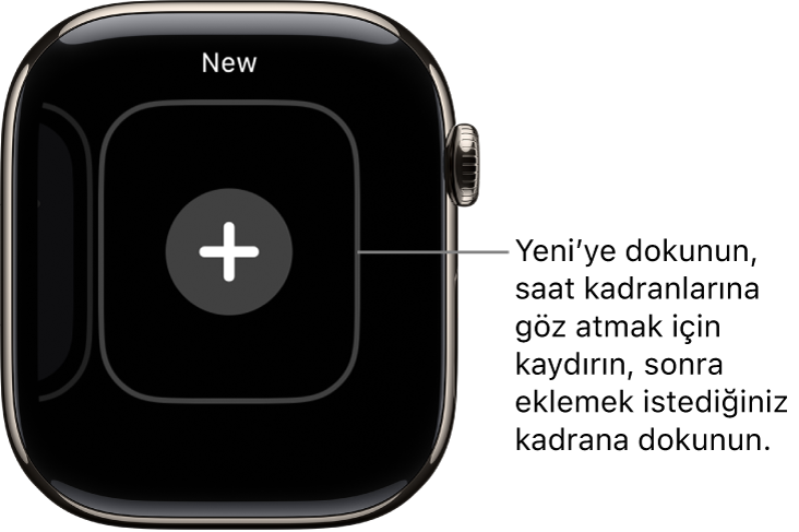 Ortasında artı düğmesi bulunan yeni saat kadranı ekranı. Yeni bir saat kadranı eklemek için dokunun.