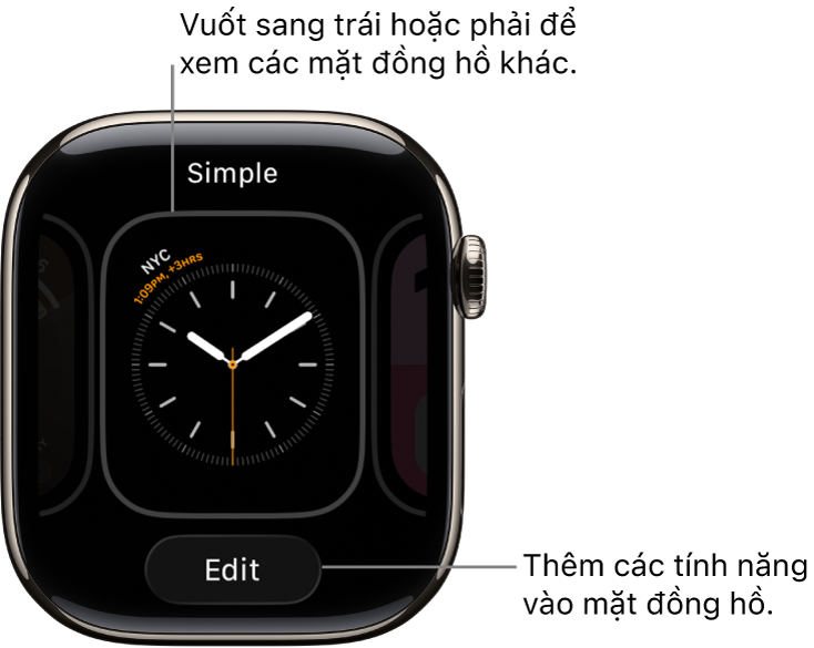 Một mặt đồng hồ đang hiển thị các nút Chia sẻ và Sửa xuất hiện sau khi bạn chạm và giữ mặt đồng hồ. Tên của mặt đồng hồ ở trên cùng. Vuốt sang trái hoặc phải để xem các tùy chọn mặt đồng hồ khác. Chạm vào một tổ hợp để thêm các tính năng bạn muốn.